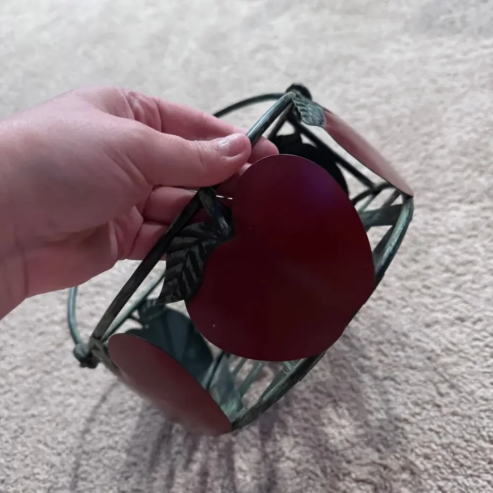 Vintage 90s Kitchen Green & Red Apples Wire Metal Basket Handles 1990s Storage